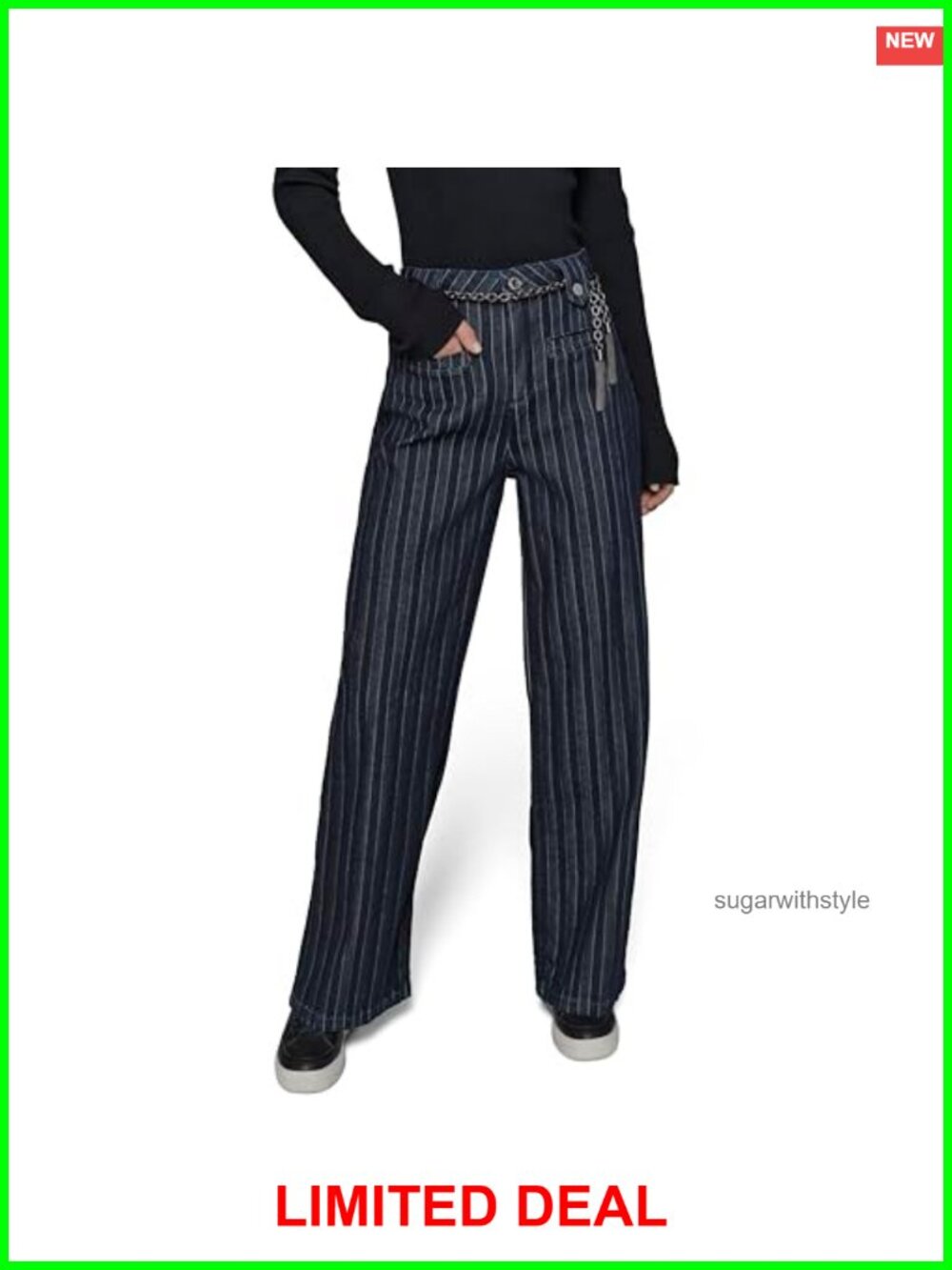 Wide Leg Denim Pants with Chain Belt Striped Casual